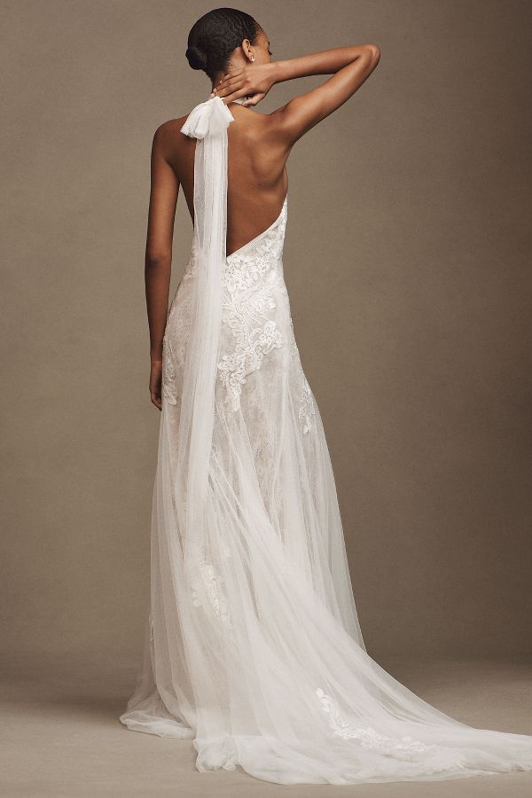 Slide View: 2: Watters Zoe Halter Fit & Flare Beaded Lace Wedding Gown