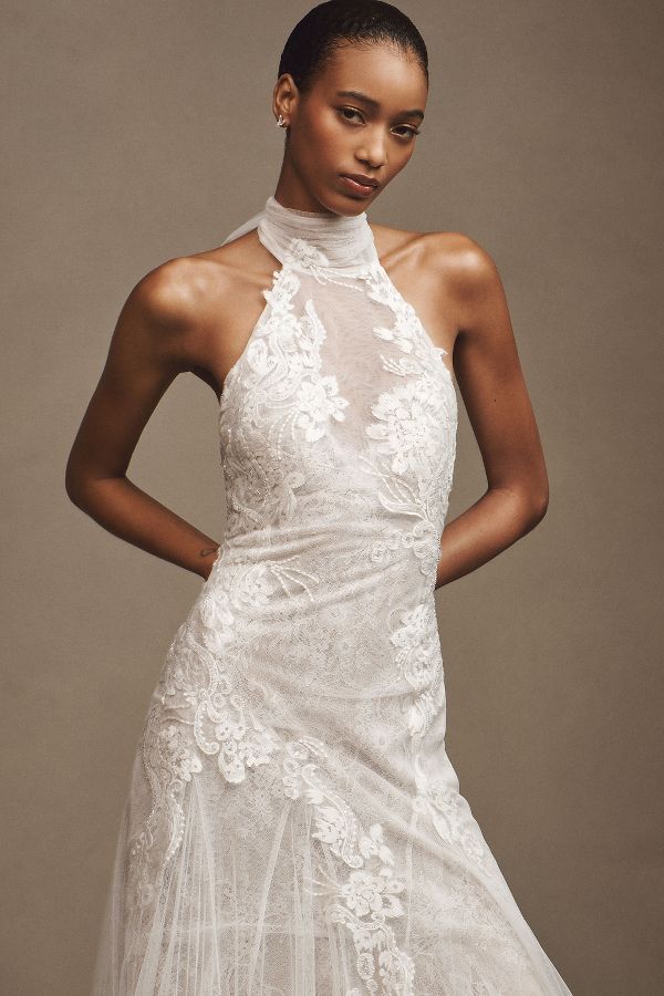 Slide View: 3: Watters Zoe Halter Fit & Flare Beaded Lace Wedding Gown