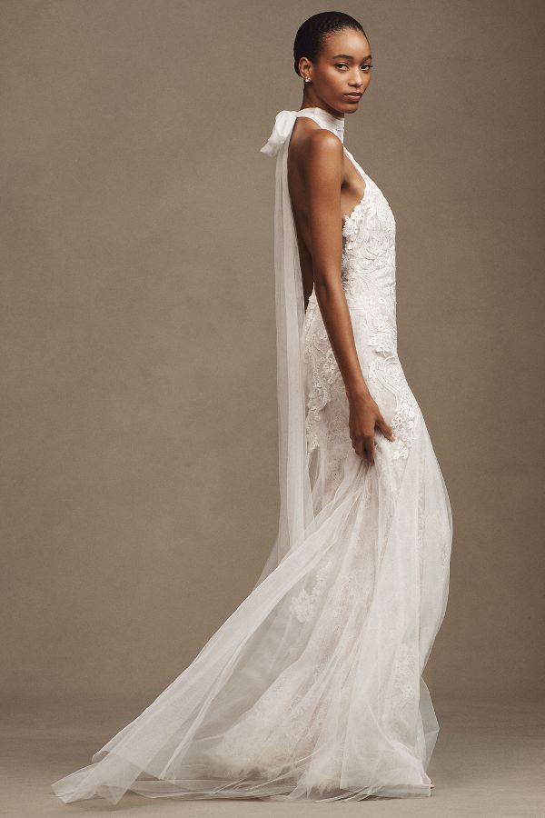 Slide View: 4: Watters Zoe Halter Fit & Flare Beaded Lace Wedding Gown