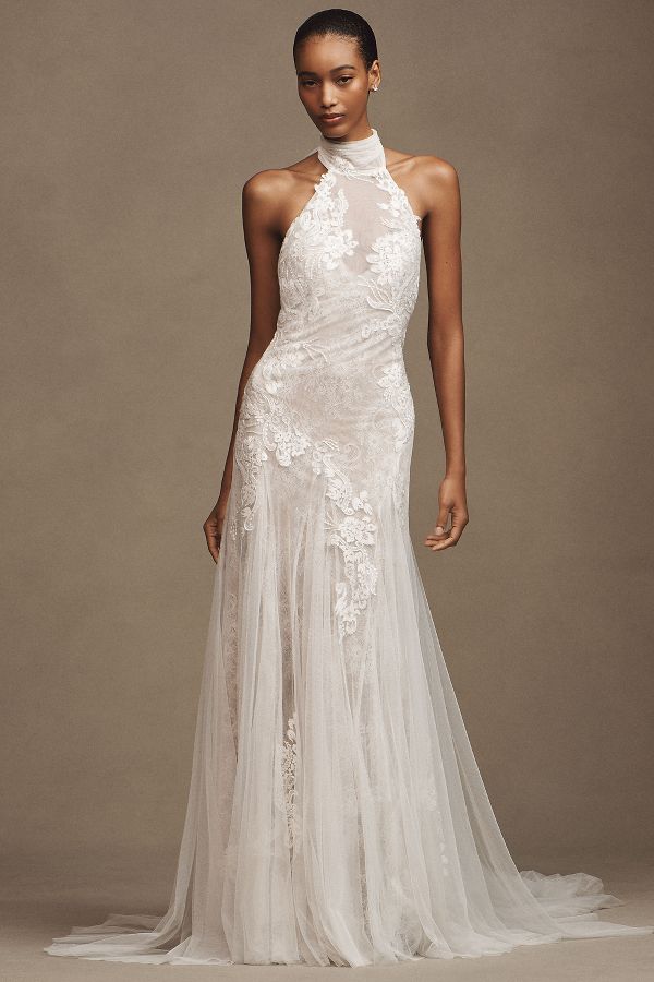 Slide View: 1: Watters Zoe Halter Fit & Flare Beaded Lace Wedding Gown