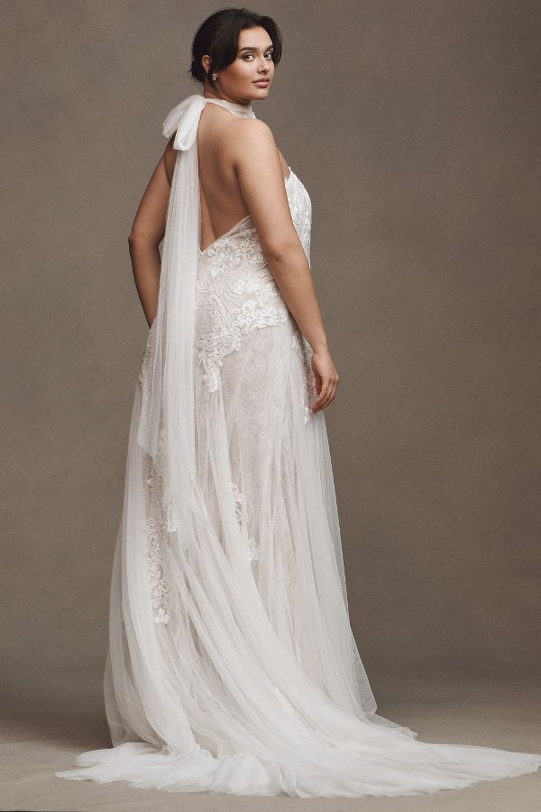 Slide View: 7: Watters Zoe Halter Fit & Flare Beaded Lace Wedding Gown