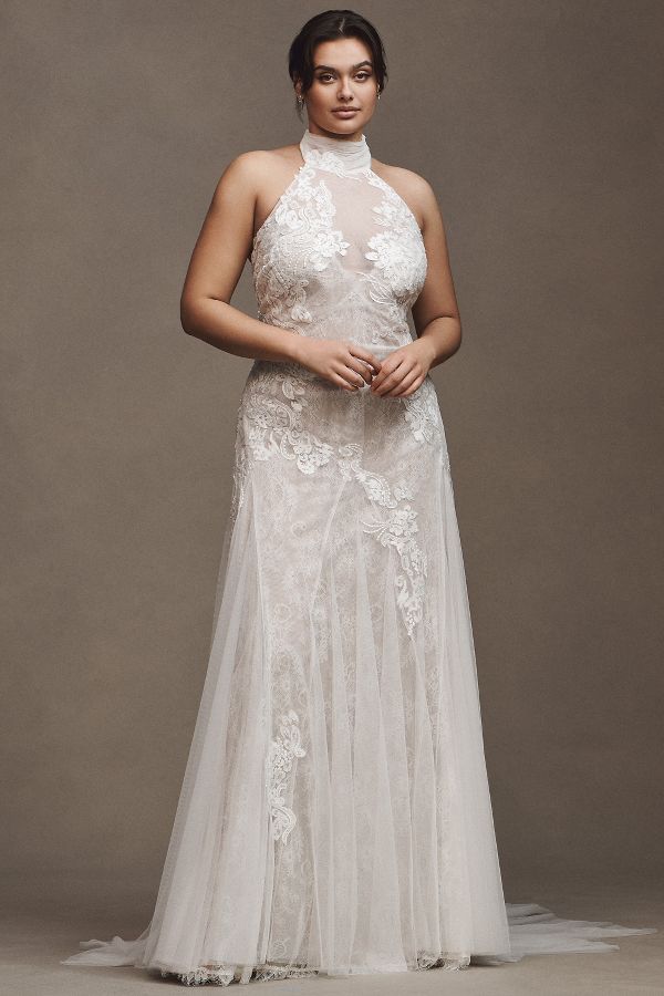 Slide View: 6: Watters Zoe Halter Fit & Flare Beaded Lace Wedding Gown