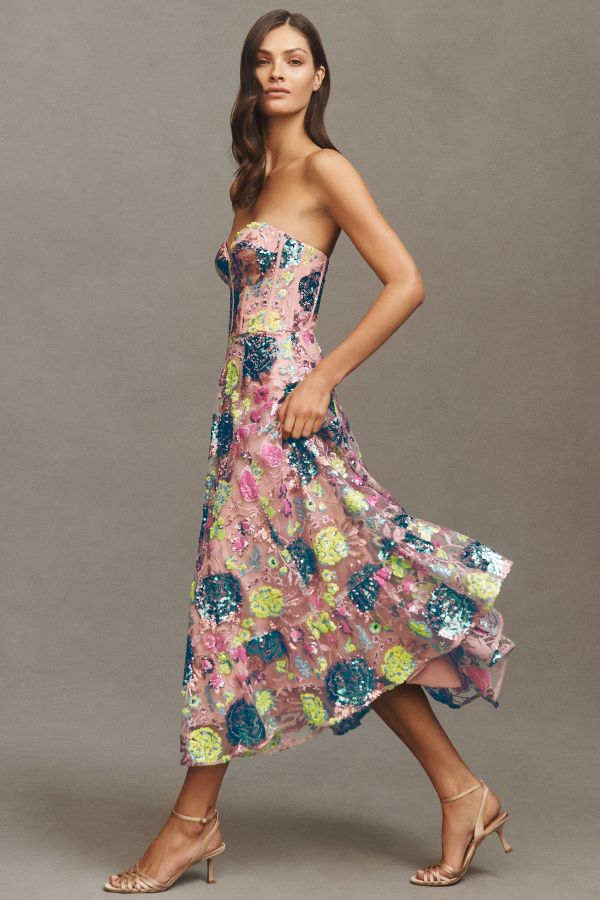 Slide View: 4: Dress The Population Carina Strapless Sweetheart Sequin Midi Dress