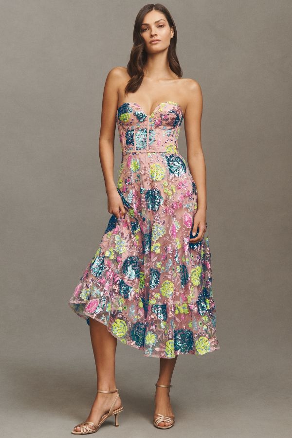 Slide View: 1: Dress The Population Carina Strapless Sweetheart Sequin Midi Dress