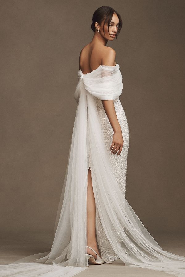 Slide View: 3: Costarellos Hemera Crystal-Beaded Sheath Wedding Gown