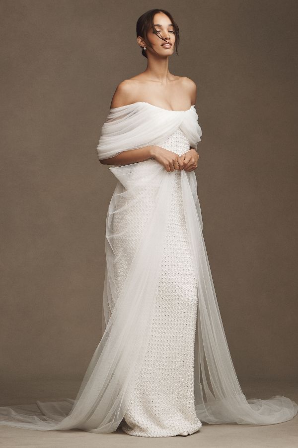 Slide View: 5: Costarellos Hemera Crystal-Beaded Sheath Wedding Gown