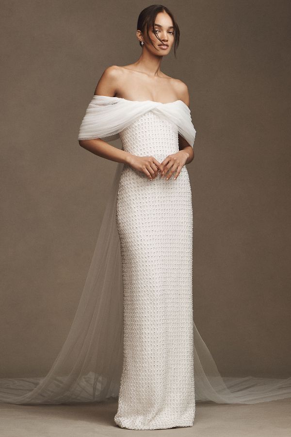 Slide View: 1: Costarellos Hemera Crystal-Beaded Sheath Wedding Gown