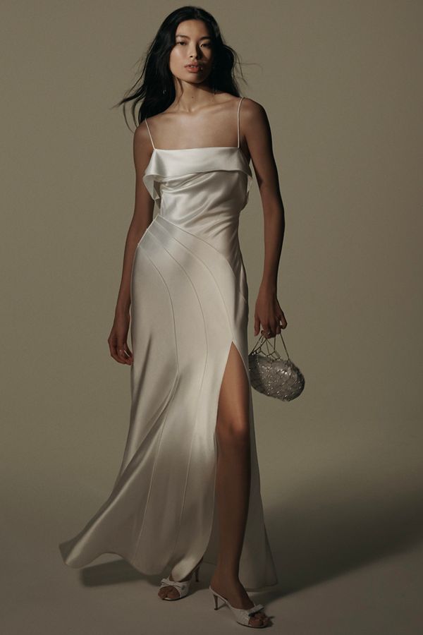 Slide View: 1: Acler Zetland Sleeveless Bias-Cut Side-Slit Satin Maxi Dress