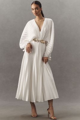 Acler Wonastow Long-Sleeve Pleated Satin Maxi Dress