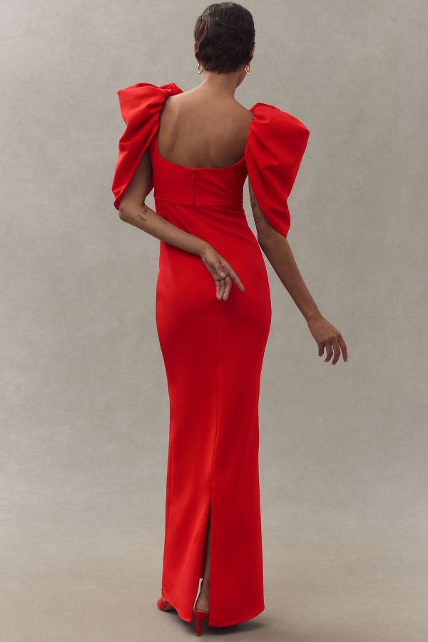 Slide View: 3: Mac Duggal Puff-Sleeve Scoop-Neck Column Crepe Maxi Dress