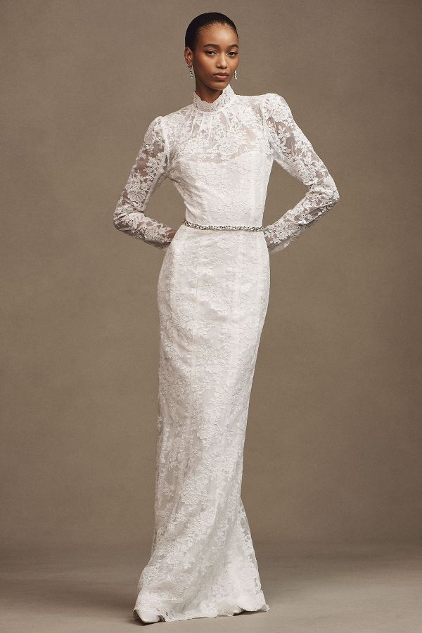 Slide View: 1: V. Chapman Jules Long-Sleeve Turtleneck Lace Column Maxi Dress