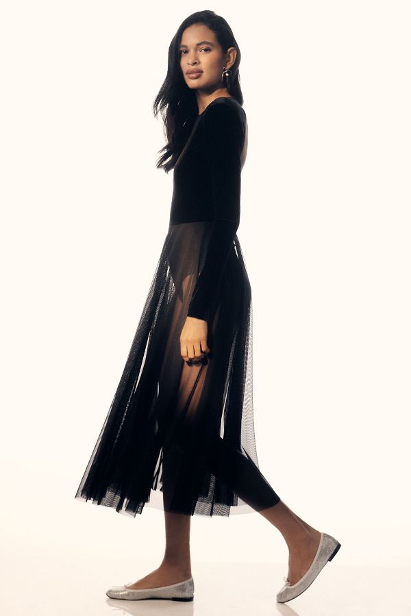 Slide View: 5: Norma Kamali Long-Sleeve Open-Back Velvet Sheer Skirt Midi Dress