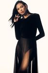 Thumbnail View 1: Norma Kamali Long-Sleeve Open-Back Velvet Sheer Skirt Midi Dress