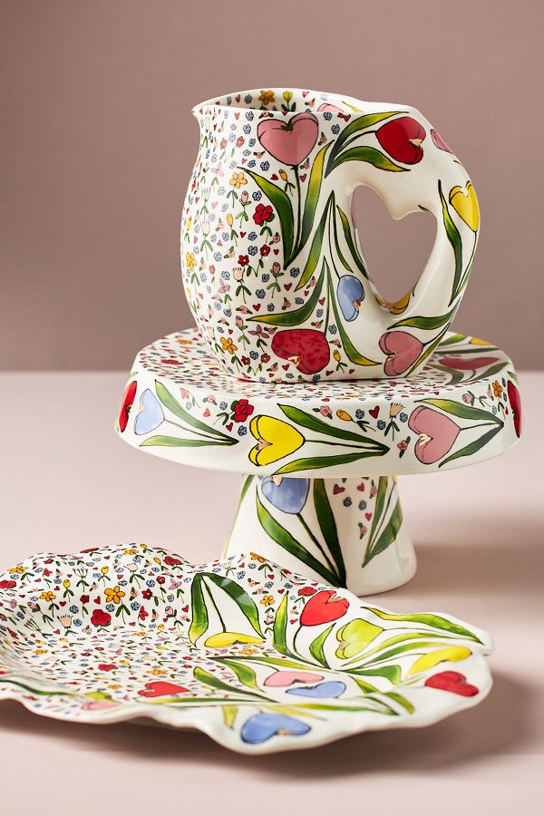 Slide View: 4: The Mud Fairy Blooming Hearts Stoneware Cake Stand