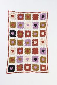 Slide View: 1: Hand-Knit Crochet Heart Cotton Throw Blanket