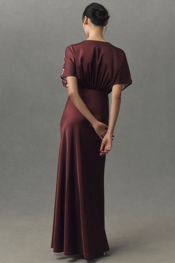 Slide View: 2: BHLDN Leila Deep-V Flutter-Sleeve Satin A-Line Gown