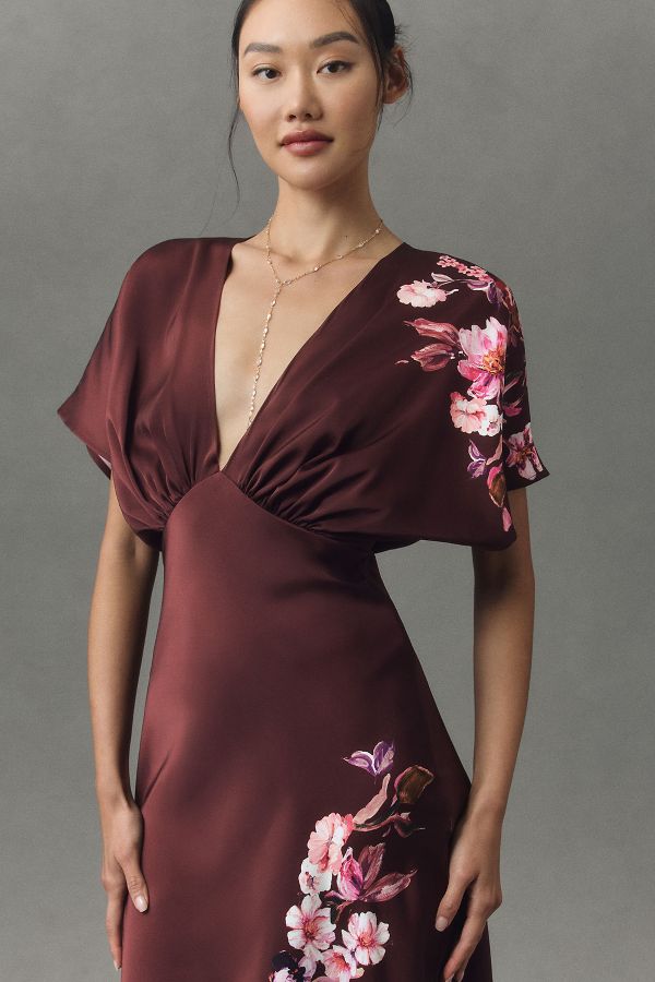 Slide View: 4: BHLDN Leila Deep-V Flutter-Sleeve Satin A-Line Gown