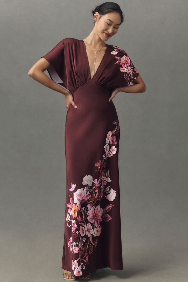 Slide View: 1: BHLDN Leila Deep-V Flutter-Sleeve Satin A-Line Gown