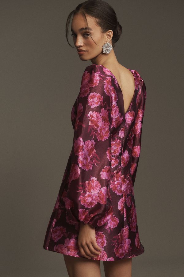 Slide View: 3: BHLDN Aliana Long-Sleeve V-Neck Floral Organza Mini Dress