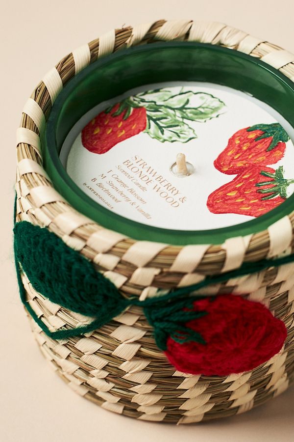 Slide View: 3: Woven Strawberry Icon Fruity Strawberry & Blonde Wood Glass Candle