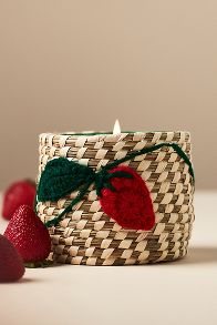 Slide View: 1: Woven Strawberry Icon Fruity Strawberry & Blonde Wood Glass Candle