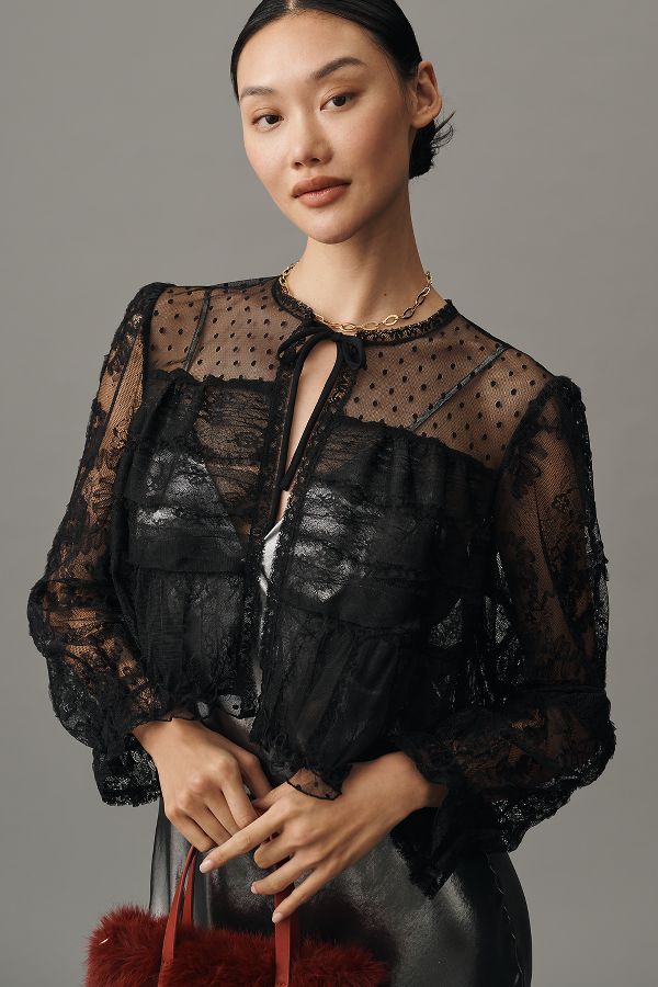 Slide View: 1: Anna Sui Lace Front-Tie Blouse