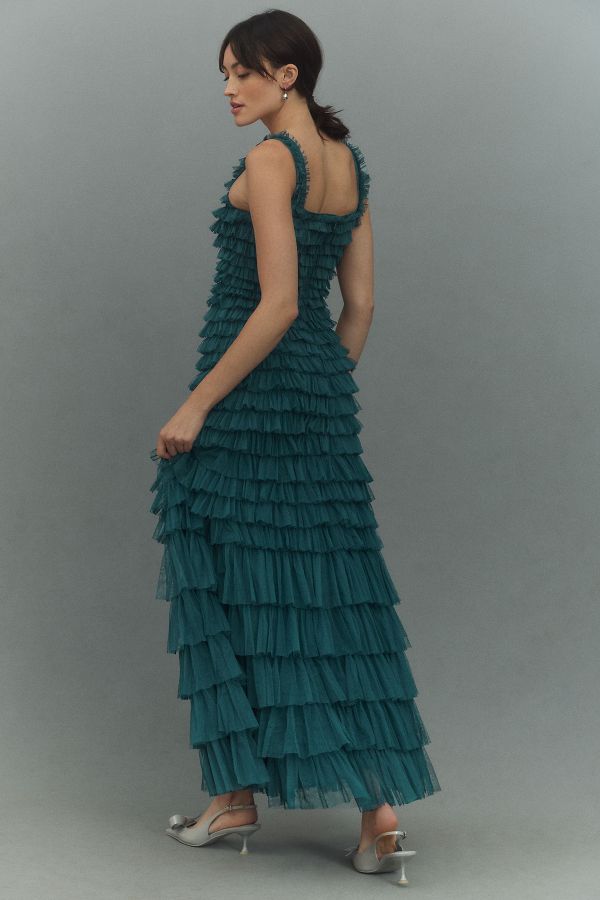 Slide View: 2: Mac Duggal Square-Neck Ruffled Tiered Tulle Tea-Length Dress