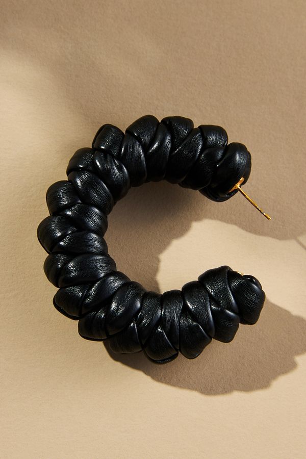 Slide View: 3: Scrunched Faux-Leather Hoop Earrings