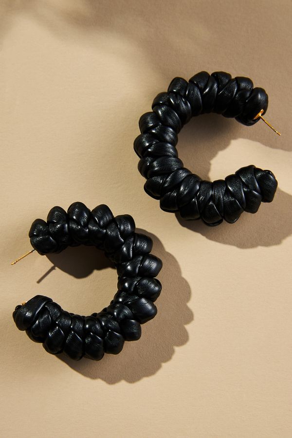 Slide View: 1: Scrunched Faux-Leather Hoop Earrings