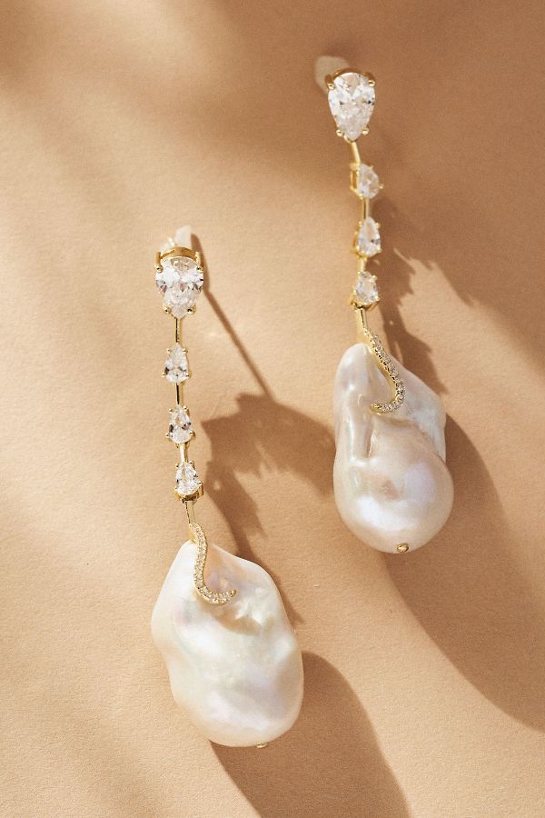 Slide View: 1: By Adina Eden Dangling Crystal Baroque Pearl Drop Earrings