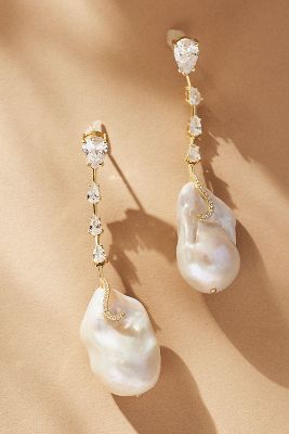 By Adina Eden Dangling Crystal Baroque Pearl Drop Earrings