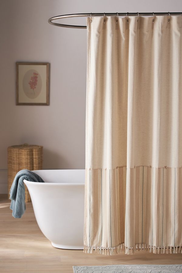 Slide View: 1: Louie Woven Cotton Tassel-Hem Shower Curtain