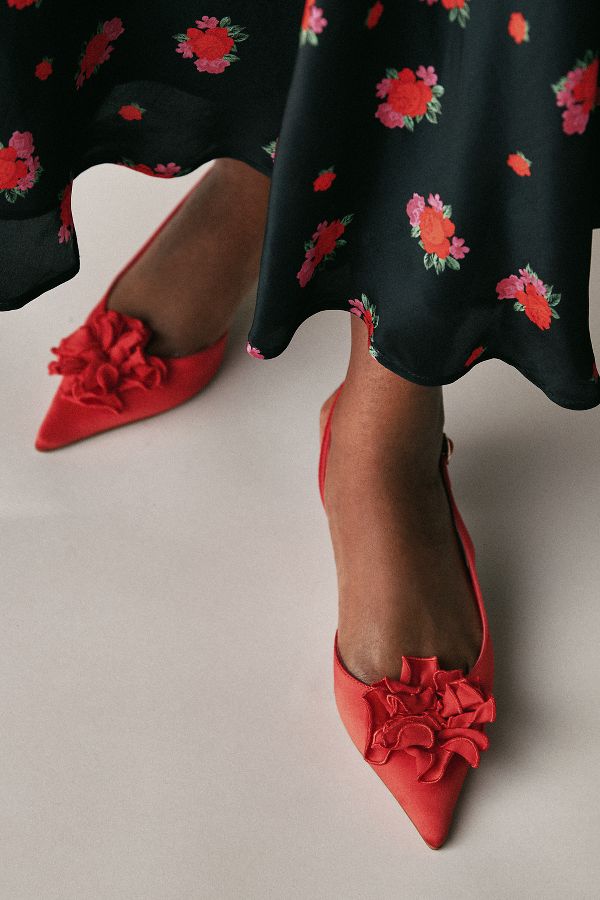 Slide View: 1: Maeve Floral Satin Slingback Heels