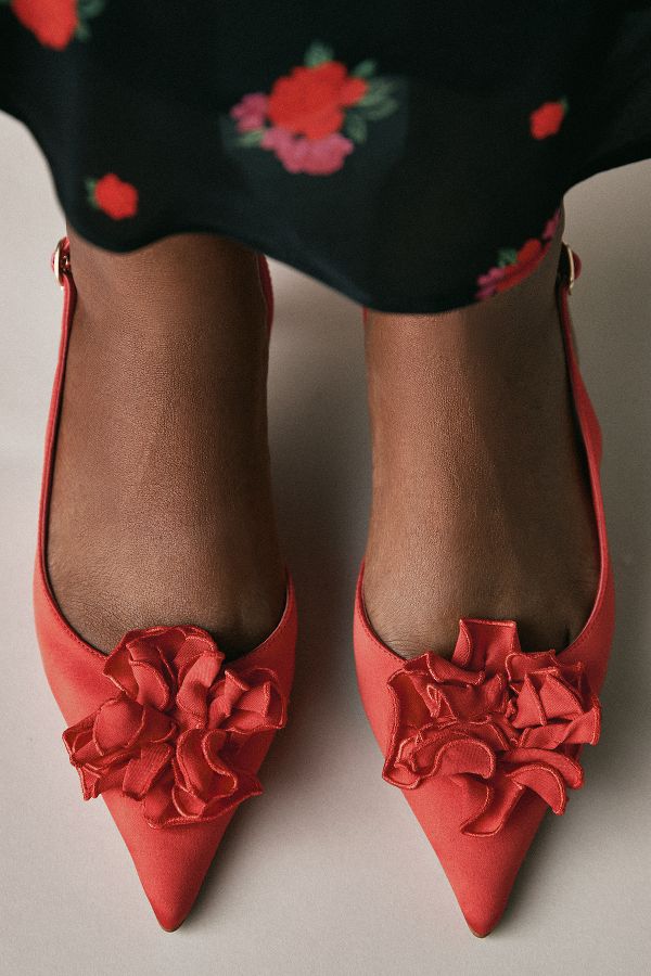 Slide View: 2: Maeve Floral Satin Slingback Heels