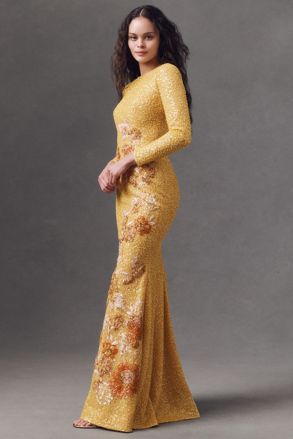 Slide View: 4: Helsi Shalom Sequin Floral Appliqué Column Maxi Dress