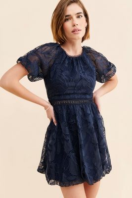 ML Monique Lhuillier Lace Puff Sleeve Mini Dress