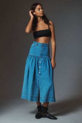 Moon River Basque-Waist Denim Midi Skirt