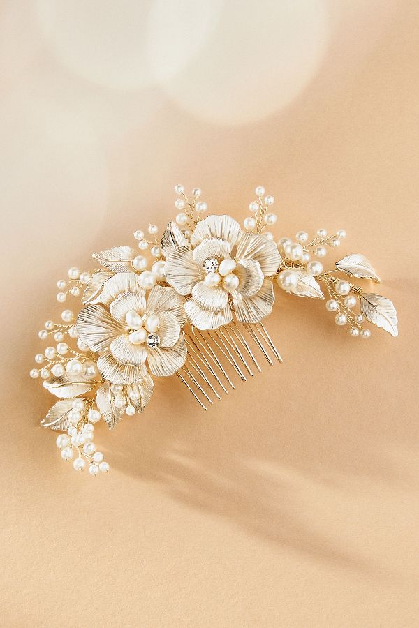 Slide View: 1: Twigs & Honey Double Flower & Pearl Spray Hair Comb