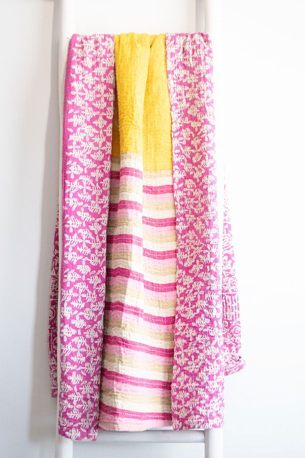 Slide View: 1: Roan Iris One-of-a-kind Kantha Quilted Throw Blanket No. 06735