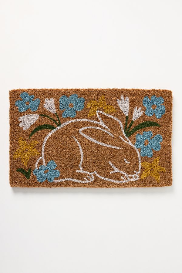 Slide View: 1: Floral Rabbit Printed Coir Doormat