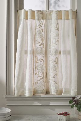 Embroidered Manette Cotton Linen Sheer Cafe Curtains, Set of 2