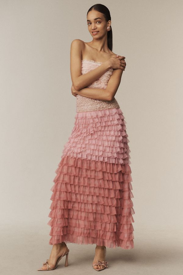 Slide View: 7: BHLDN Juliet Strapless Tulle Ruffle Midi Dress