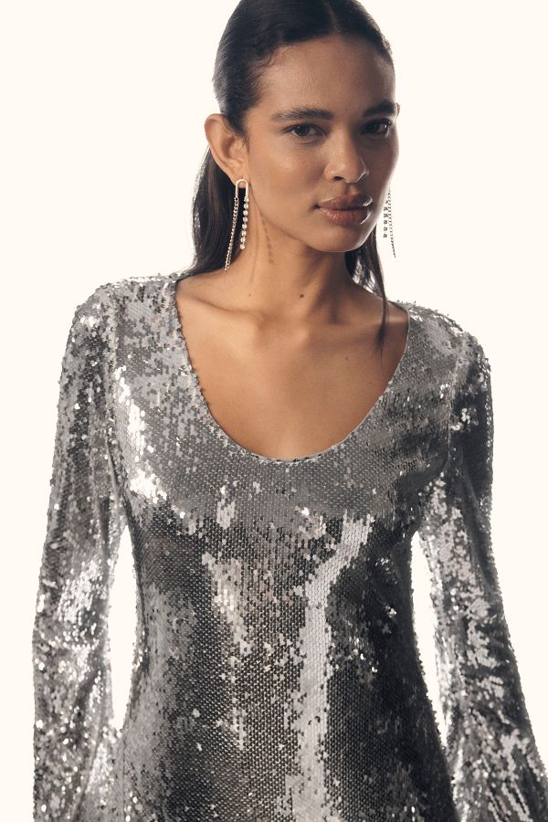 Slide View: 2: Hutch Long-Sleeve Scoop-Neck Sequin Midi Dress