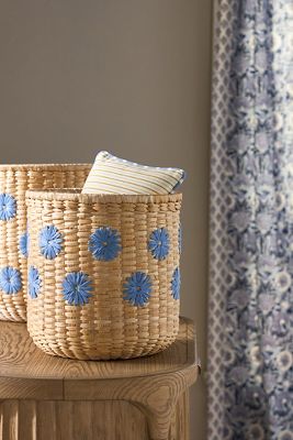 Lita Woven Banana Bark Embroidered Floral Baskets, Set of 2