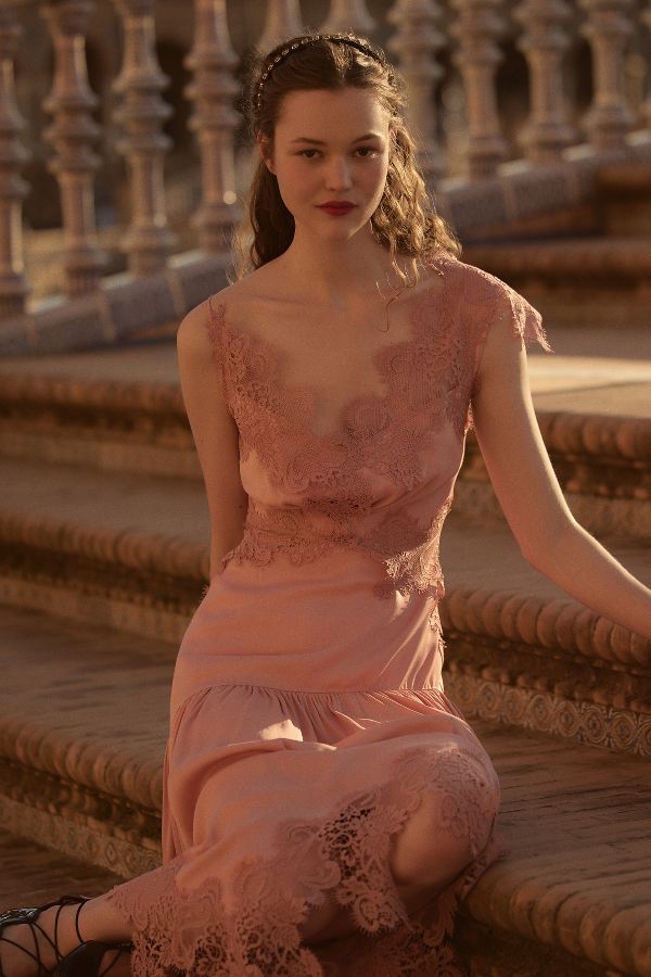 Slide View: 2: BHLDN Evelyn Lace V-Neck High-Low Midi Dress