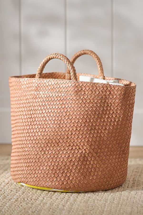 Slide View: 1: Eliza Woven Leather & Fabric-Lined Basket