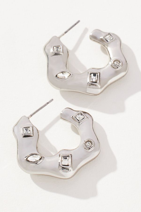 Slide View: 1: Small Wavy Stone Hoop Earrings