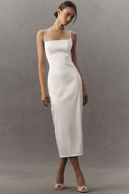 BHLDN Square-Neck Back-Slit Slim Satin Midi Dress