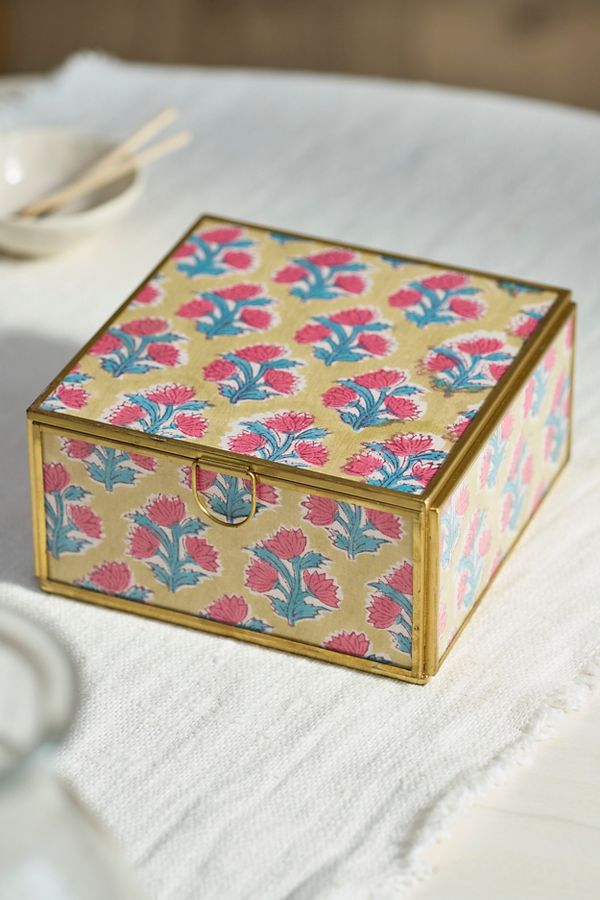 Slide View: 2: Printed Fabric Brass Box