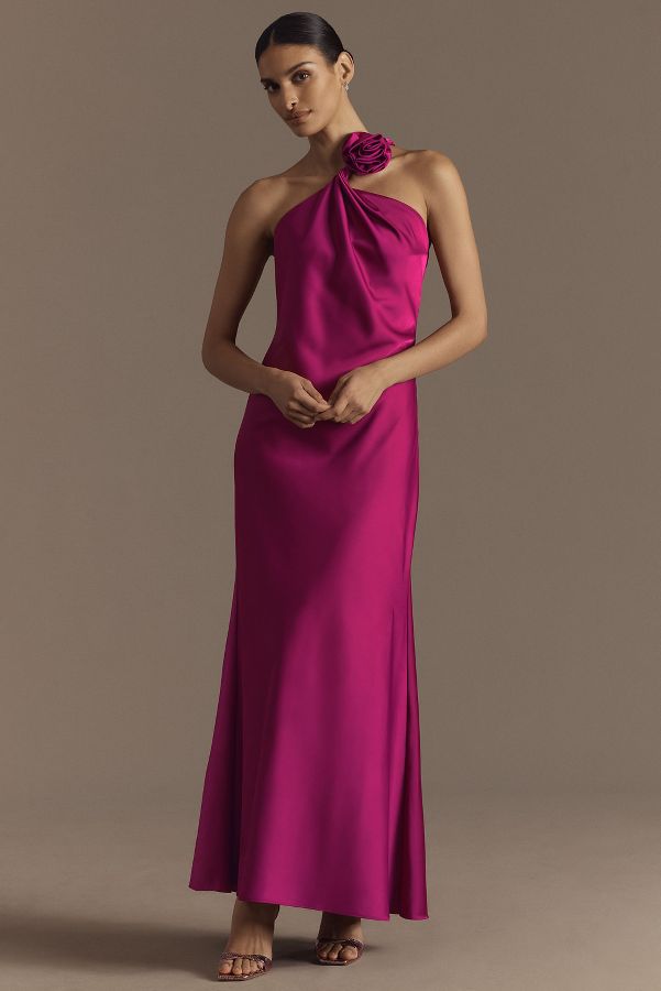 Slide View: 1: Liv Foster Clara One-Shoulder Rosette Satin A-Line Maxi Dress